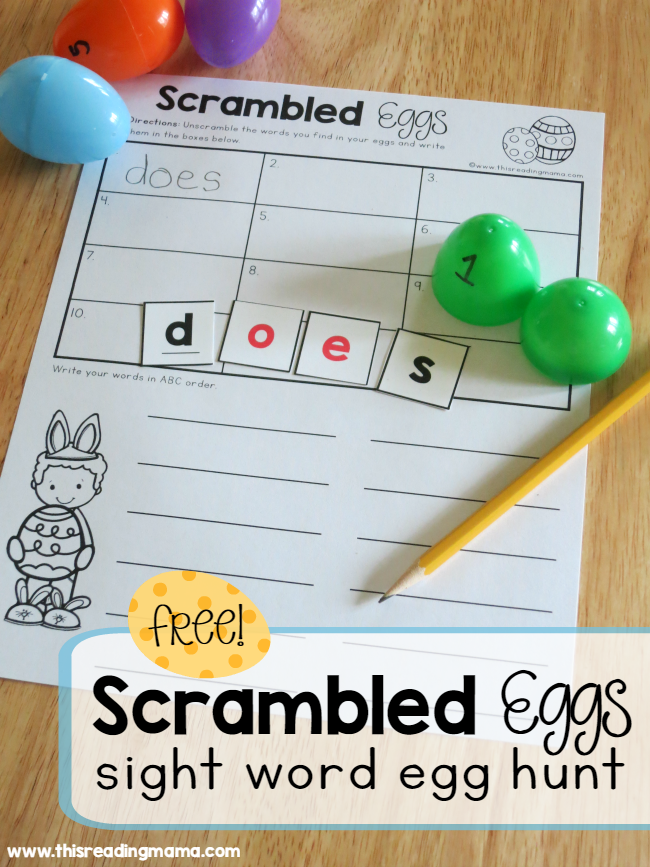 FREE Sight Word Egg Hunt - scrambled eggs - This Reading Mama