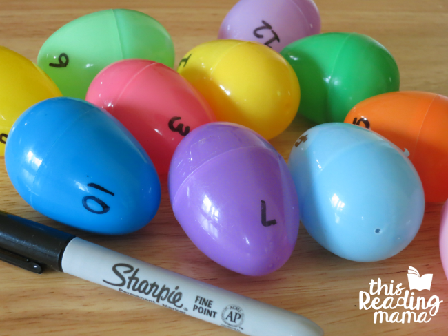 writing numbers on plastic eggs for sight word egg hunt
