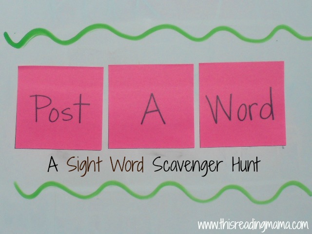 Sight word scavenger hunt using pink post-it notes and markers.