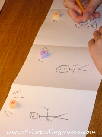 drawing the characters for the conversation hearts dialogue activity
