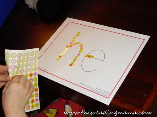 placing stickers on letters to form a word, fine motor | This Reading Mama