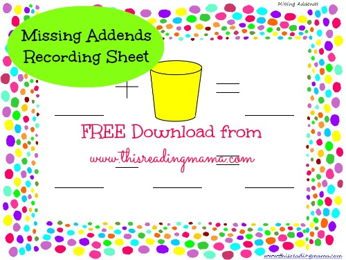 FREE Missing Addends Recording Sheet | This Reading Mama