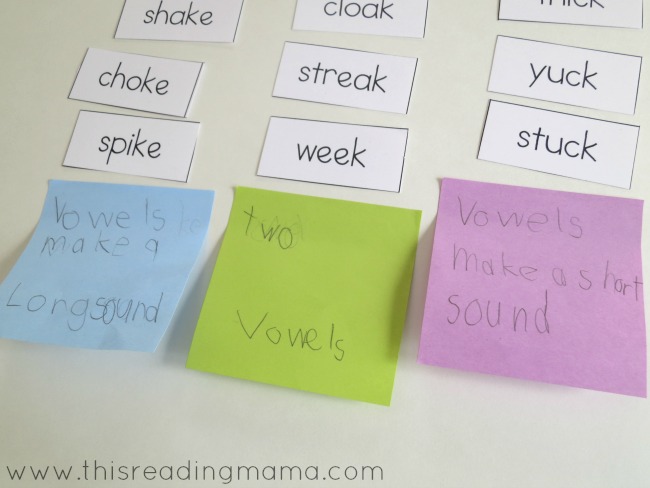 using post-it notes to explain phonics generalization from word sort