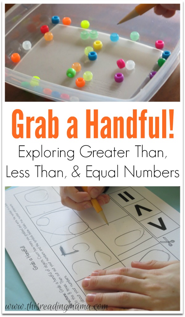 Grab a Handful - Exploring Greater Than, Less Than, and Equal Numbers {FREE printable!} | This Reading Mama