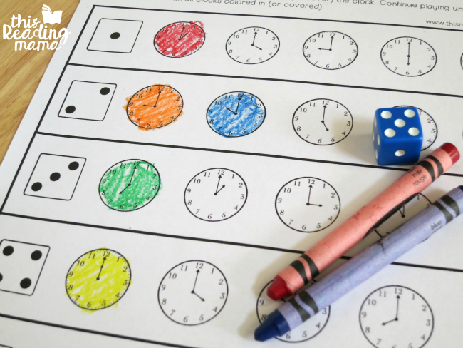 roll and read the time by the hour - coloring in clocks