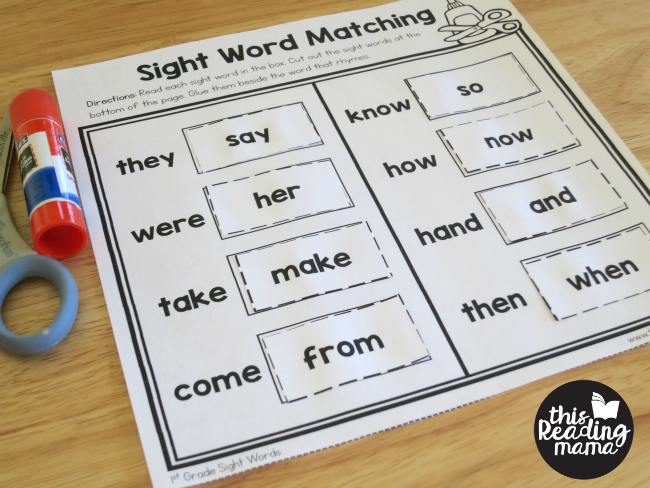 free sight word worksheets - match the rhyming words
