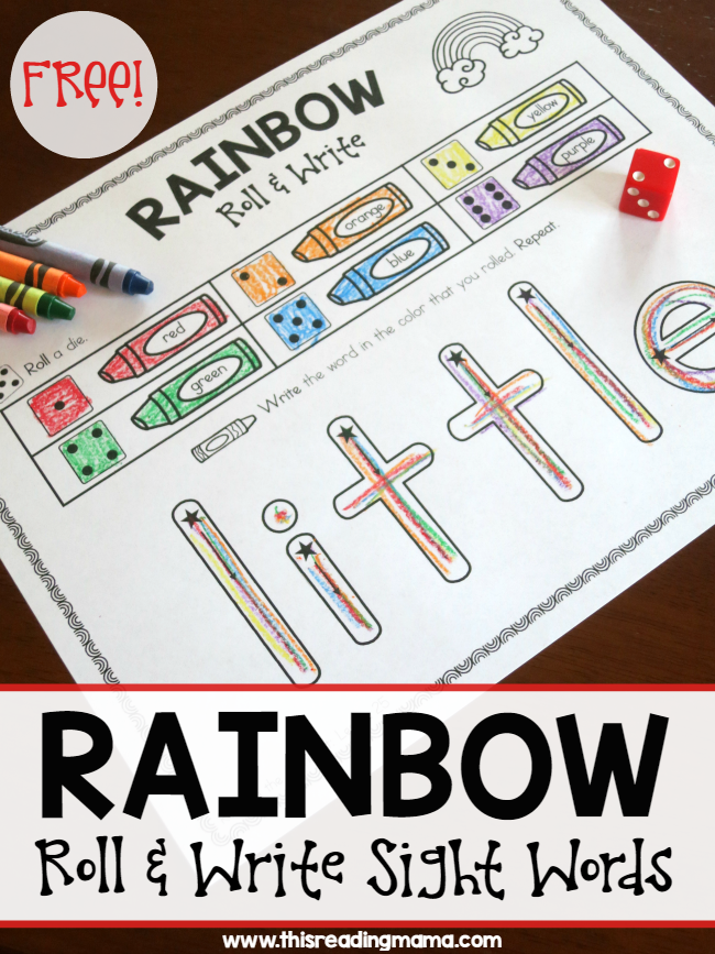 A fun sight word game where you use a d6 to roll out a color a sight word. Make it rainbow and fun!