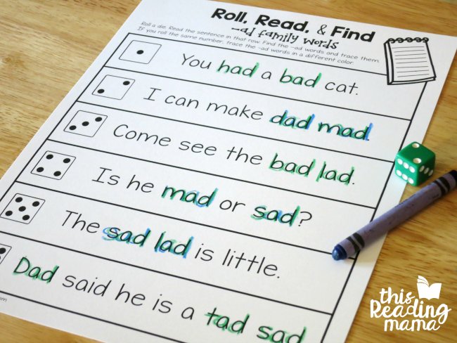 Roll Read and Find AD Word Family game
