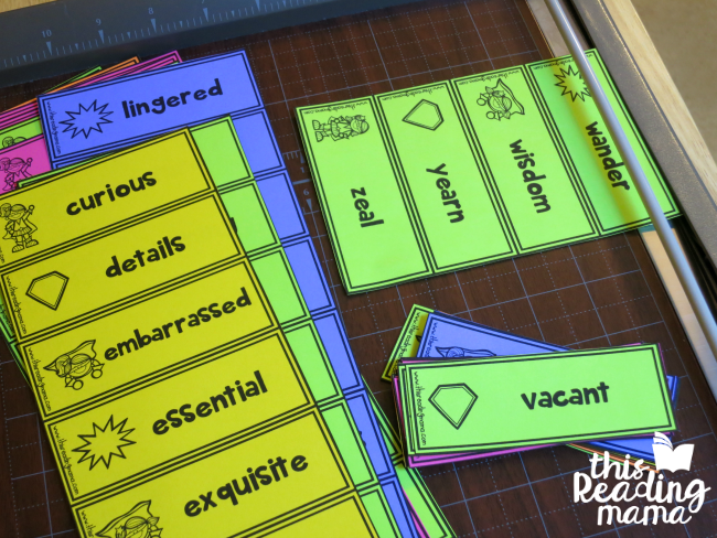 cutting out vocabulary word cards with paper cutter