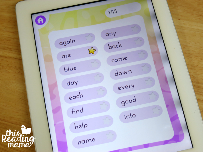 sight words picked for a player on sight word games app