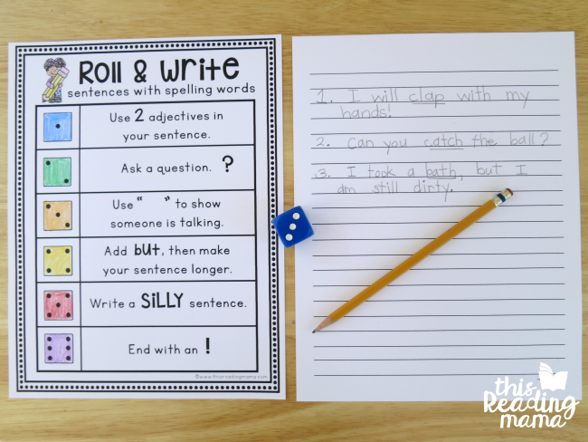 writing sentences with spelling words using roll and write activity page