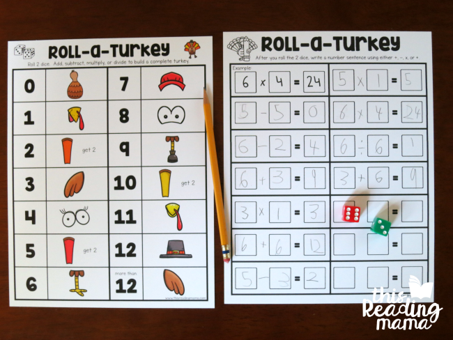 Roll a Turkey math facts dice game from This Reading Mama