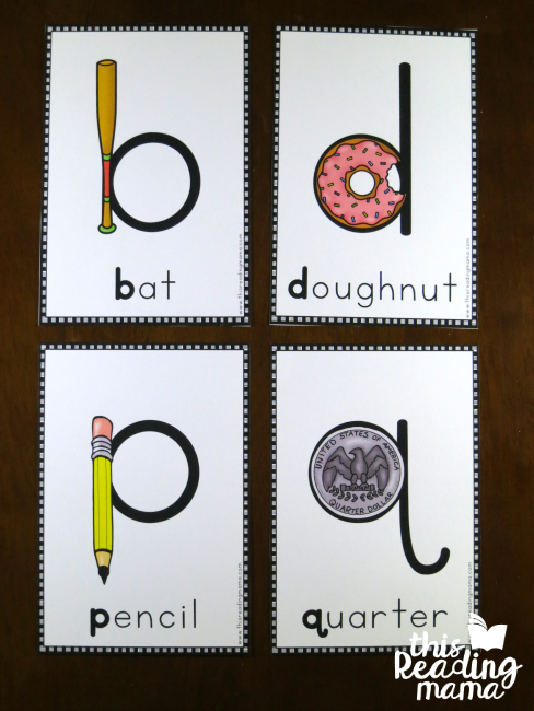 letter reversal posters for lowercase b, d, p, and q