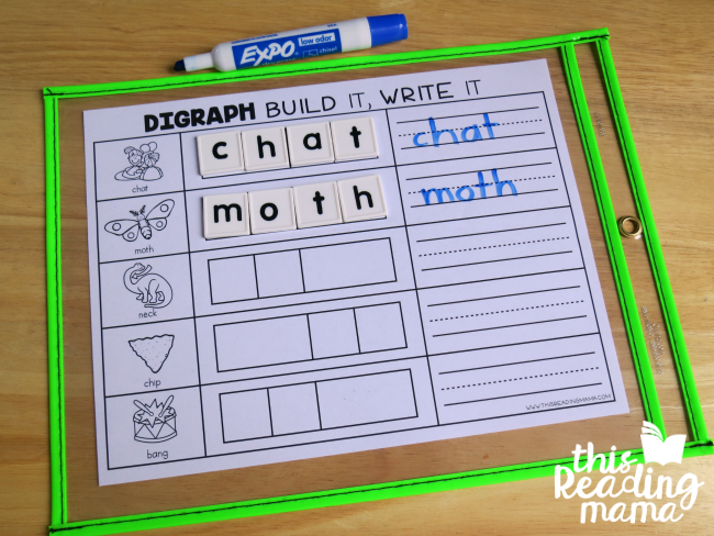 build and write digraph mats slipped into dry erase pockets 