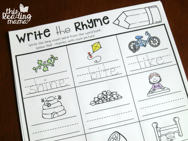 writing the rhyming word on Magic e Spelling Pages