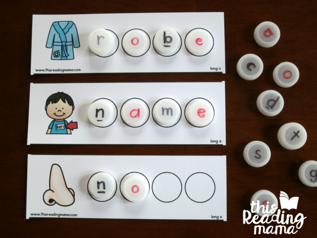 CVCe bottle cap spelling mats for long a, i, o, and u