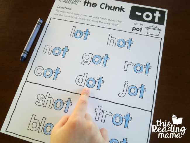 Level 1 color the chunk -ot word family page