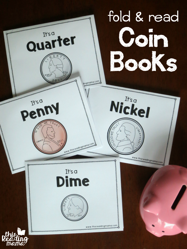 Fold & Read Coin Books text and image of four different printable coin pages with their picture and names