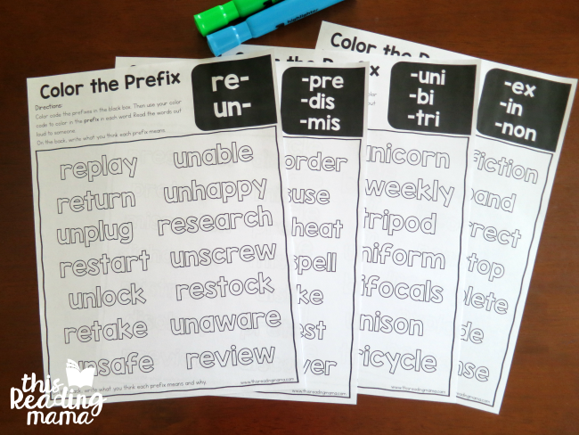 Color the Prefixes Worksheets - mixed review pages