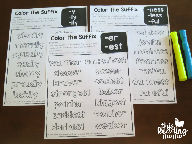 mixed review color the suffixes worksheets