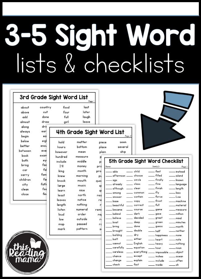 Elementary Sight Word Lists Checklists 3rd 5th Grade This Reading 