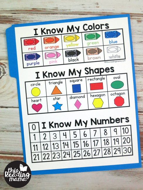 Preschool Learning Folder - math concepts on the back