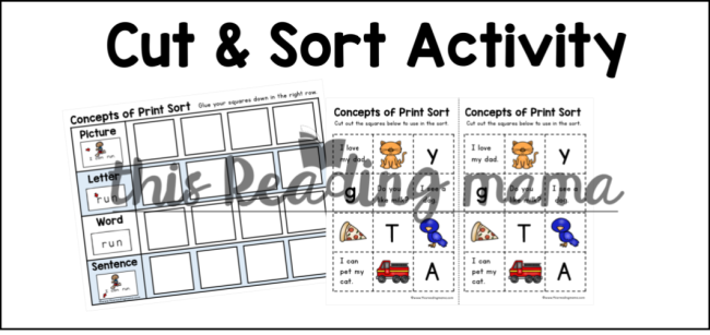Concepts of Print Sorts - cut and sort activity - This Reading Mama
