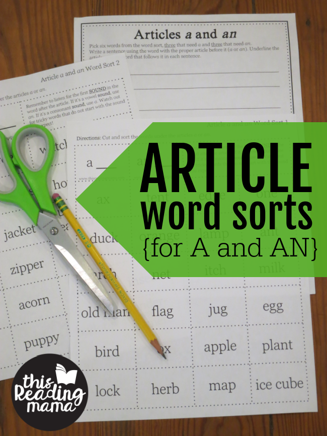 Article Word Sorts for A and AN - This Reading Mama