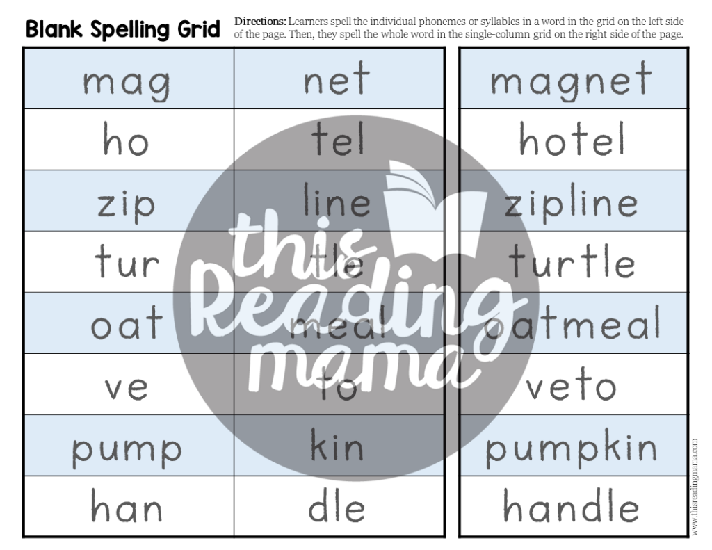 Blank Spelling Grids - Syllable Types Example