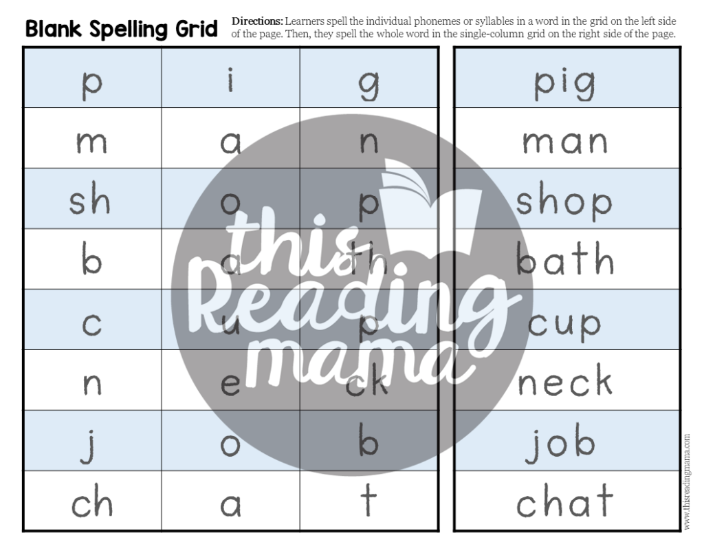 Blank Spelling Grids - Words with 3-Phonemes Example