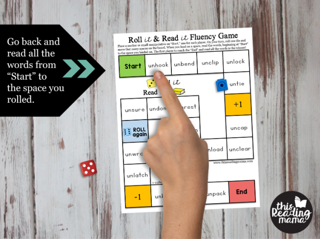 FREE Prefixes Fluency Games ~ read all the words from Start each time you roll