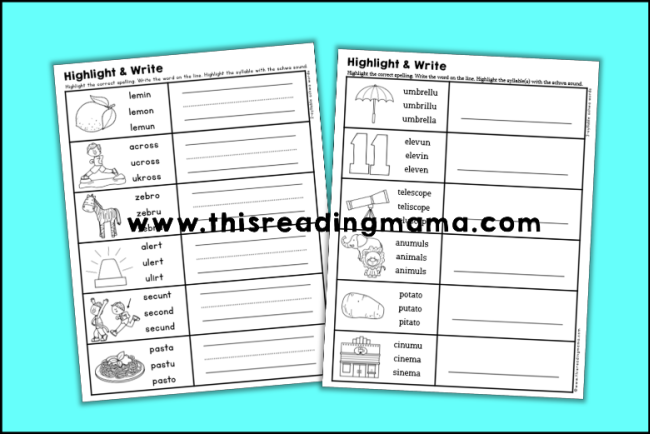 Schwa Spelling Pages - for 2-syllable and 3-syllable words