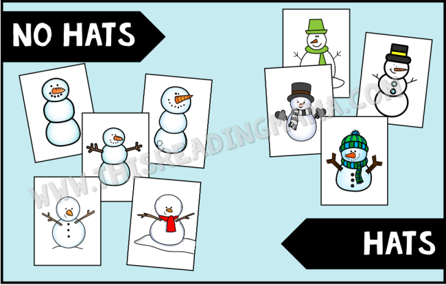 Snowman Sorting Cards - hats-no hats example - This Reading Mama