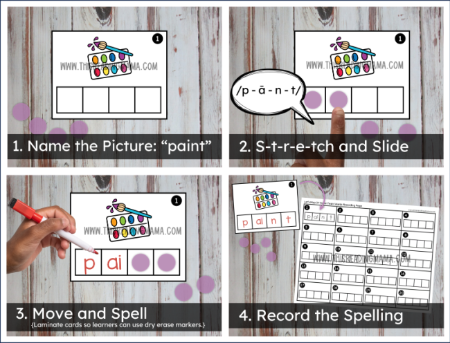 Long a Vowel Team Mapping Cards example - step 1-4